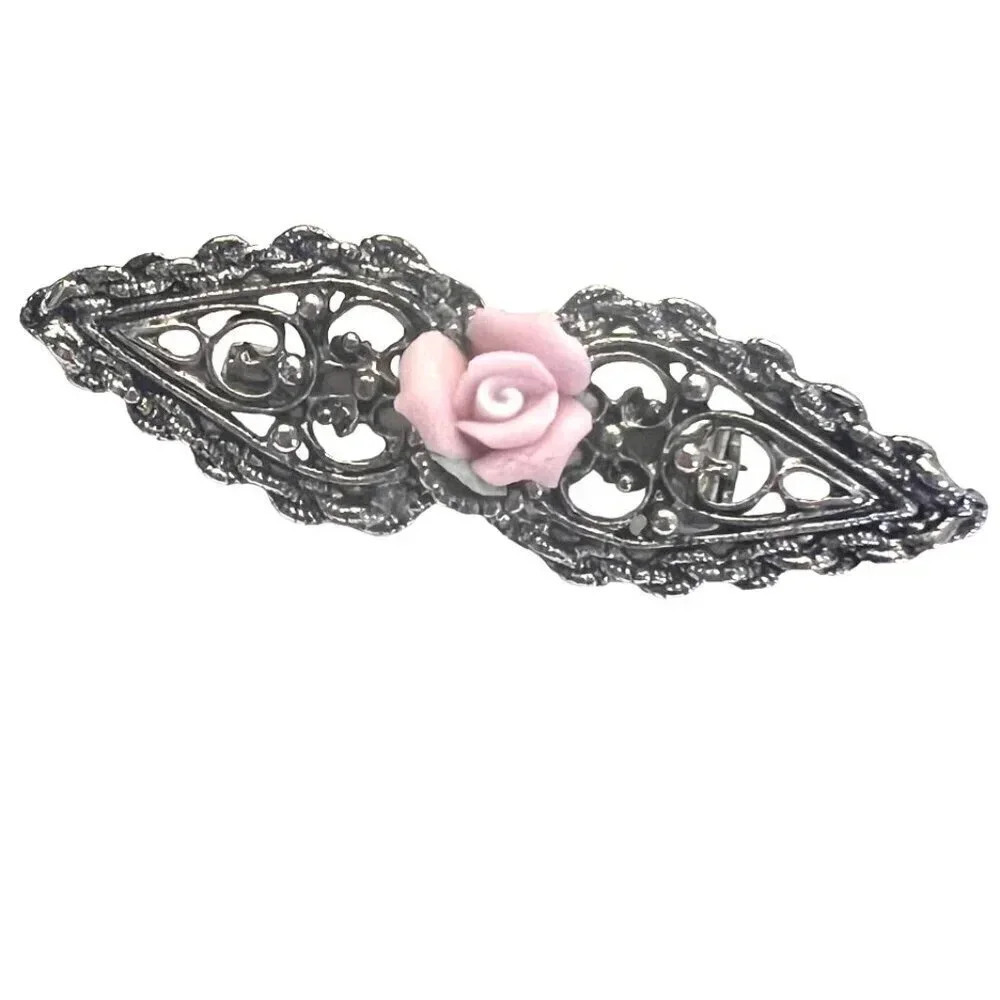 Vintage 60s-70s Pink Rose Bar Brooch Pin Oxidized